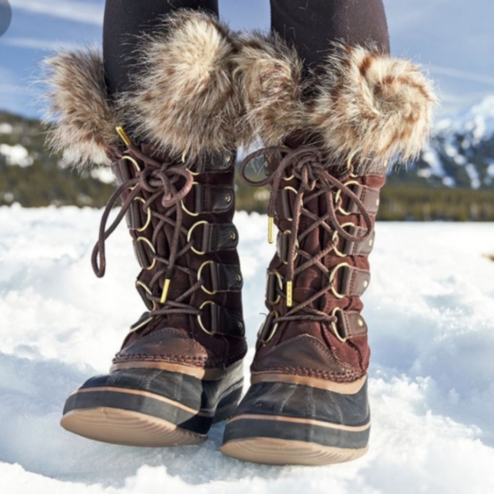 😍 SOREL WOMAN JOAN OF ARCTIC SNOW BOOTS BORWN WATERPROOF SUEDE FAUX FUR TOP 😘